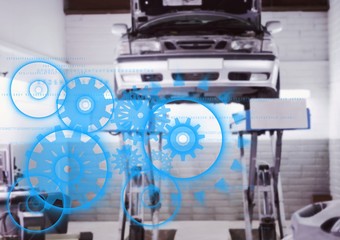 Car on stand with blue gear graphics