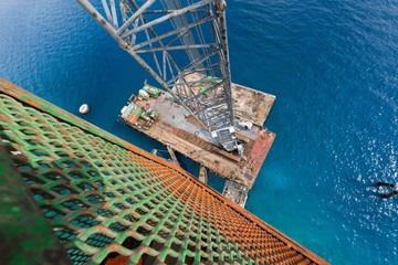 Aqaba, Jordan, 10/10/2015, Metal and concrete Jetty foundation construction at the Aqaba new port photographed from above