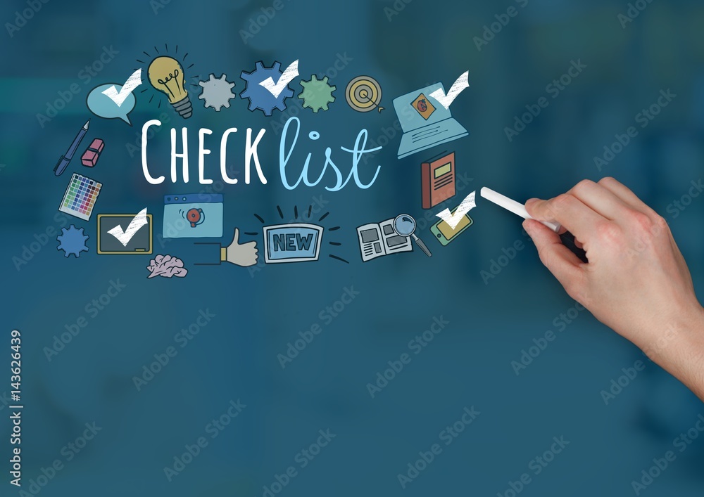 Poster hand with chalk writing checklist text with drawings graphics