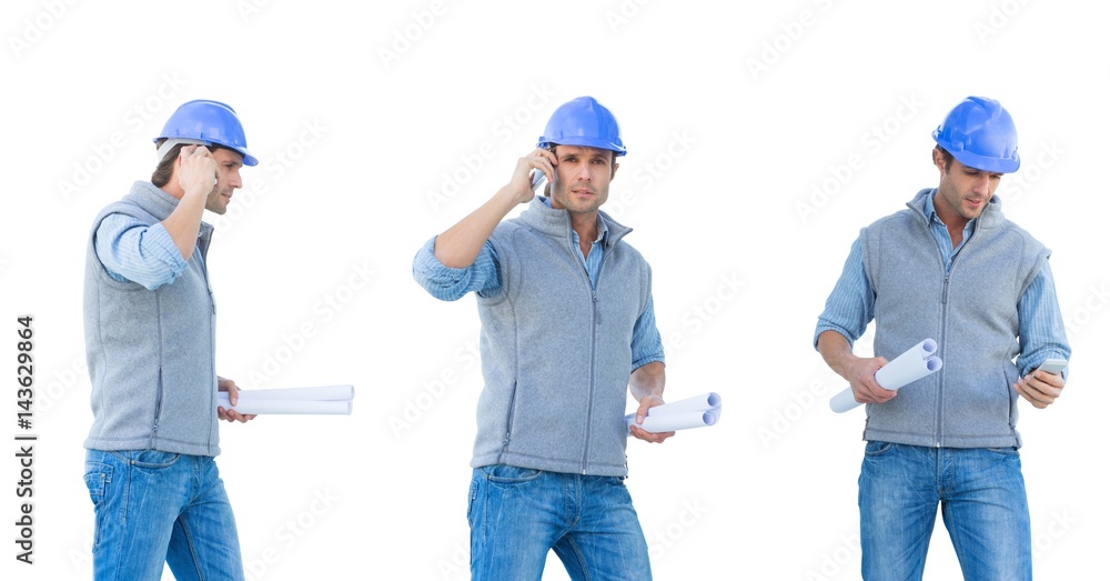 Poster architect with blueprint and mobile collection