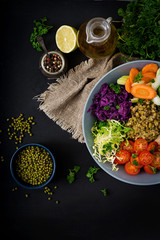 Healthy salad with chicken, tomatoes,  cucumber, lettuce, carrot, celery, red cabbage and  mung bean on dark background. Proper nutrition. Dietary menu. Flat lay. Top view