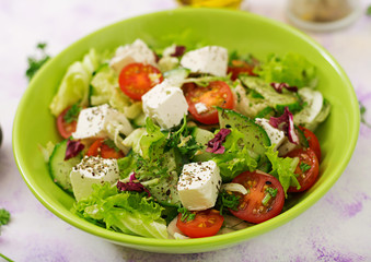 Salad of fresh vegetables in Greek style. Dietary menu. Proper nutrition.