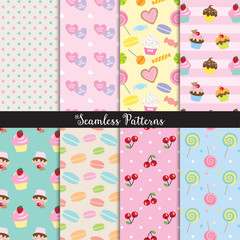 Vector illustration of cute dessert seamless pattern set.
