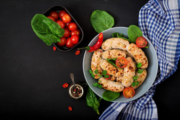 Dietary sausages from turkey fillet and mushrooms. Flat lay. Top view
