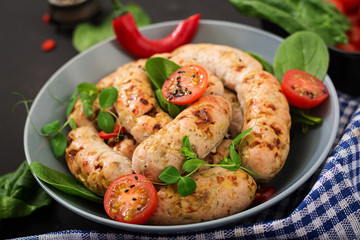 Dietary sausages from turkey fillet and mushrooms. Flat lay. Top view