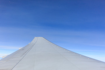 Fototapeta na wymiar airplane wing with blue sky