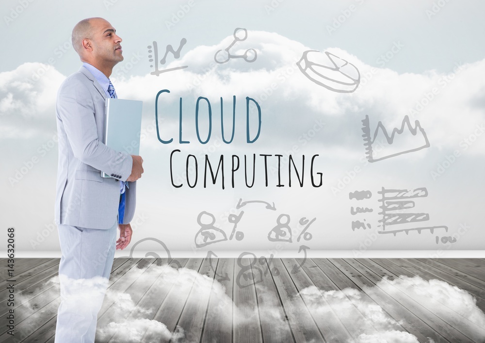 Poster man with laptop and cloud computing text with drawings graphics