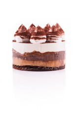 Sweet and tasty chocolate cake on the white background.