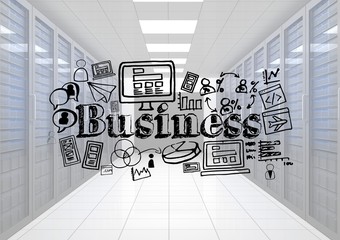 Hall of servers with black business doodles and white overlay