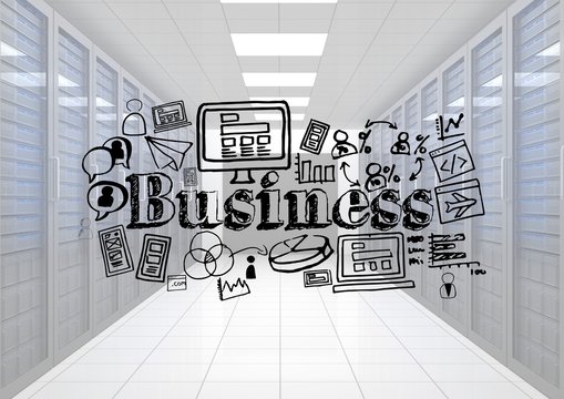 Hall of servers with black business doodles and white overlay