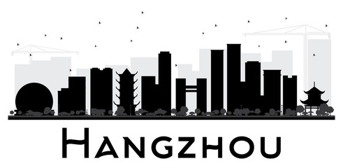 Hangzhou City skyline black and white silhouette.