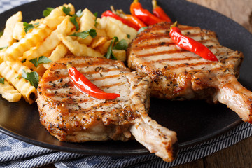 Grilled spicy pork chops, chili and fries close-up on plate. horizontal