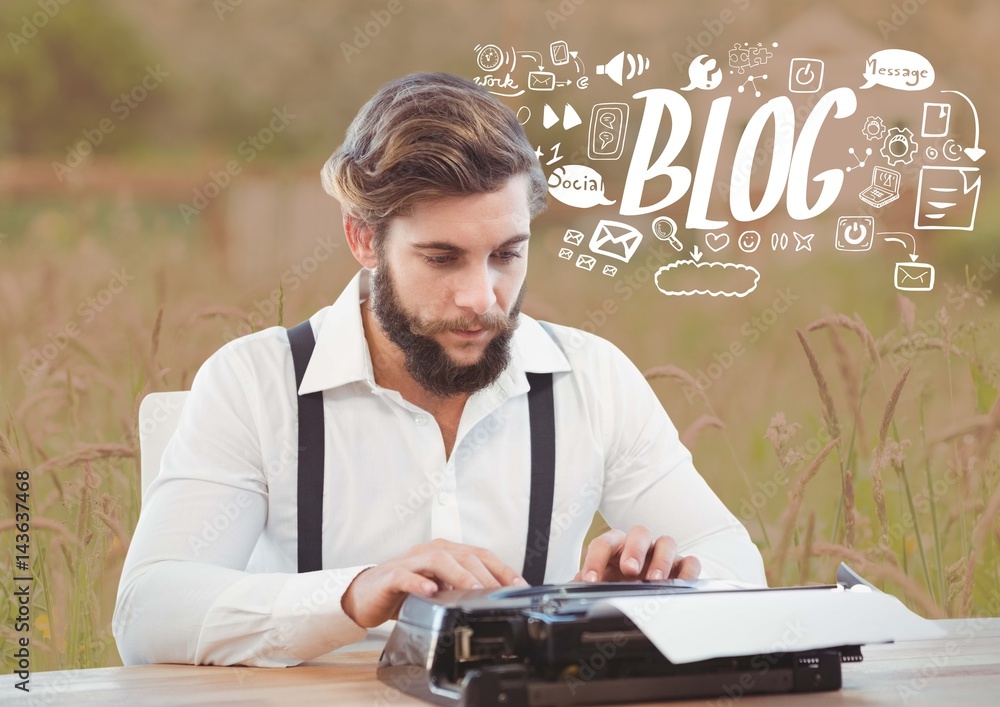 Poster man on typewriter with blog text with drawings graphics