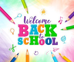 Welcome back to school vector design with colorful text and drawings by colored pencils in white background. Vector illustration.
