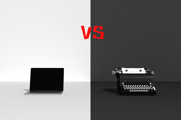 3D Rendering : illustration of compare with typewriter old fashion technology and modern technology set up with laptop computer. old and new technology conceptual. vintage VS future equipment