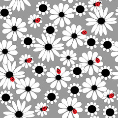 Seamless floral pattern with daisies and ladybirds