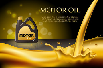 Engine or motor oil on the light golden bokeh background with containers, 3d illustration