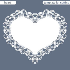 Greeting card with openwork border, paper doily under the cake, template for cutting in the form of heart, valentine card,  wedding invitation, decorative plate is laser cut,  vector illustrations.