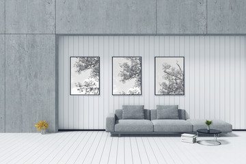 3d rendering : room Minimalist interior grey fabric long sofa at front of cement concrete wall and white woodenwall and  floor. minimalism loft style wall background. design your HOME concept.