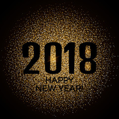 Happy New Year 2018 gold glitter new year background for banner flyer, poster, sign, web, header. Abstract glowing golden blur snow vector background for text, type, quote.