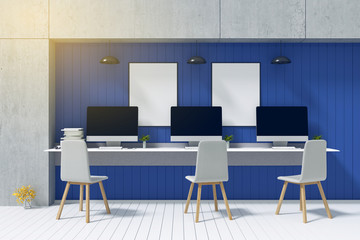 3D Rendering : illustration of Blank pc computer desktop with keyboard on desk blue color wooden wall. accessories in sunny room. loft cement concrete wall. minimalism interior mock up