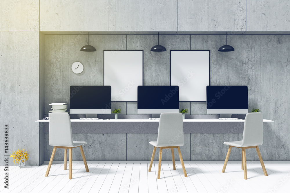 Poster 3d rendering : illustration of pc computer desktop mock up at front of loft cemet concrete wall. oth