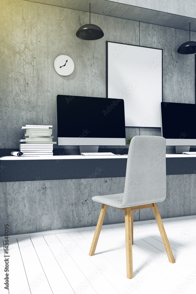 Poster 3d rendering : illustration of pc computer desktop mock up at front of loft cemet concrete wall. oth