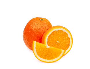 Whole ripe orange fruit with slices on white background, isolated. Healthy food