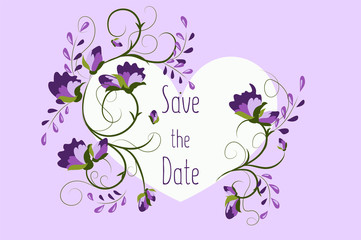 Save the date illustration, wedding day. Flat, doodle, flower arrangement of stylized flowers. Purple flowers on a gentle lilac background. Vector illustration