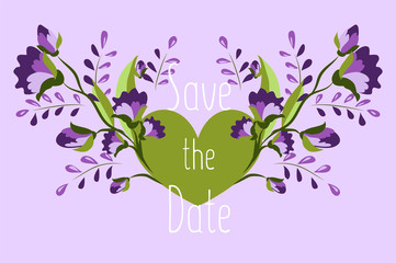 Save the date illustration, wedding day. Flat, doodle, flower arrangement of stylized flowers. Purple flowers on a gentle lilac background. Vector illustration