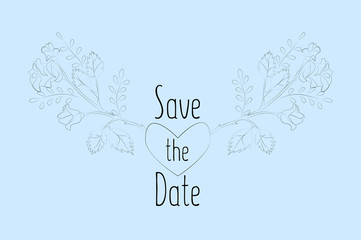 Save the date illustration, wedding day. Flat, doodle, flower arrangement of stylized flowers. Purple flowers on a gentle lilac background. Vector illustration