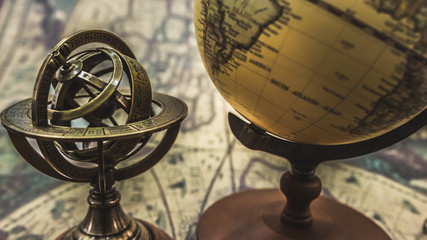 Antique Brass Nautical Sundial Compass And Globe Model.