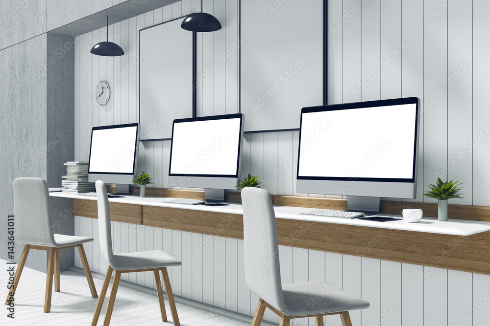 Poster 3d rendering : illustration of pc computer desktop mock up front of white wooden tile wall on white 