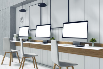 3D Rendering : illustration of PC computer desktop mock up front of white wooden tile wall on white table in bright room or internet coffee cafe. minimal interior mock up. clipping path included