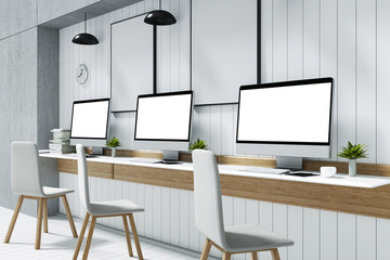 3D Rendering : illustration of PC computer desktop mock up front of white wooden tile wall on white table in bright room or internet coffee cafe. minimal interior mock up. clipping path included