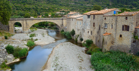 Fototapeta na wymiar Lagrasse, Aude, Languedoc France houses and old bridge.