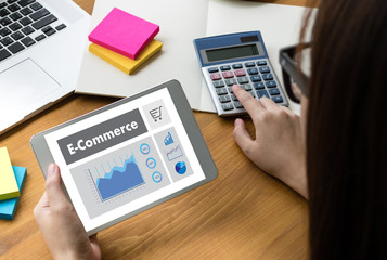 Business people use Technology E-commerce Internet Global Marketing Purchasing Plan and Bank Concept