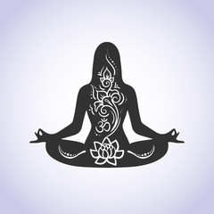 Yoga lotus position meditation mindfulness zen. Vector Linear girl in a circular floral ornament mehendi vintage style India Boho Arabic. For logo yoga studio, postcards, web templates stock vector