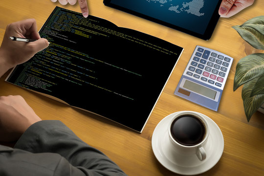 "Developer Team Working Laptop Computer Mobile Application Softwareand Web Design Online Technology Content , Web script , laptop display."