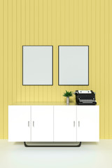 3d rendering : illustration of white mock up frame. hipster background. mock up white poster or picture frame. living room interior.white shelf and typewriter with frame. clipping path included