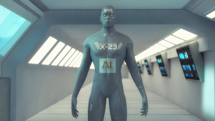 3d rendering. Humanoid head and futuristic room