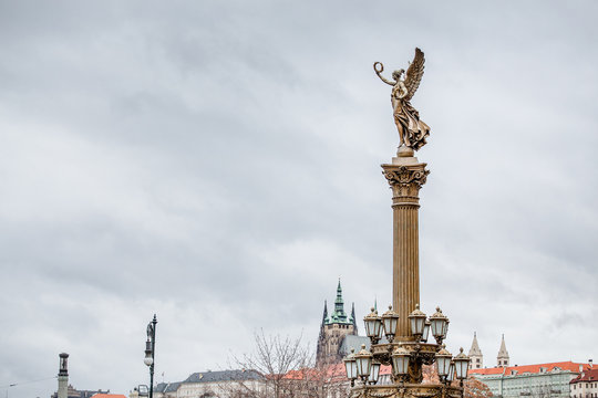 The statue of the Muse or angel near Rudolfinum building in Prague.