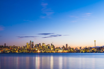 Seattle city scape at night with reflection on Union lake,Seattle,Washington,usa.
