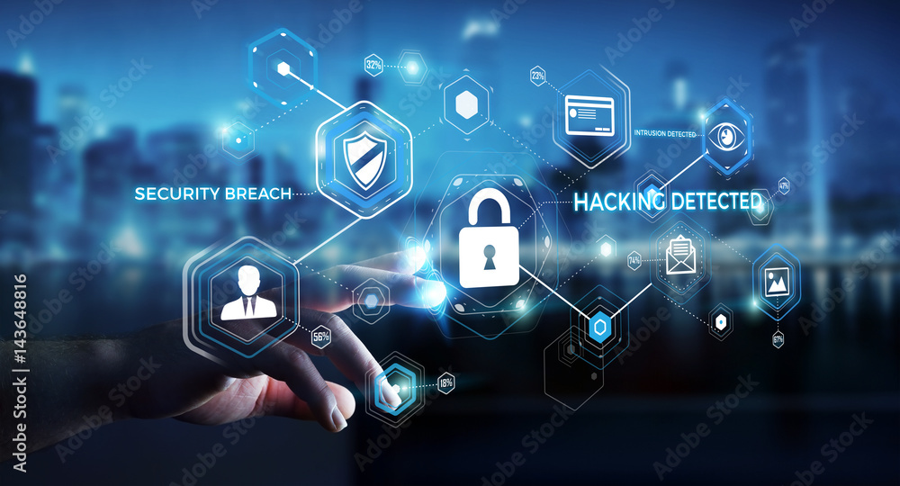 Poster businessman using antivirus to block a cyber attack 3d rendering