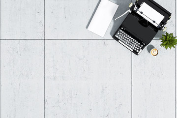 3d Rendering : illustration of vintage typewriter paper and ceramic cup coffee latte art on concrete cement background. ancient picture background. little tree decor. filtered image to comic halftone