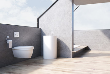 Gray bathroom with toilet, wood, side