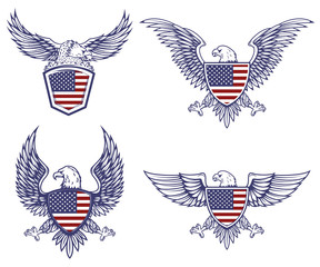 Set of the emblems with eagles on usa flag background. Design elements for logo, label, emblem, sign. Vector illustration