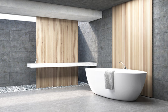 Gray bathroom, white tub, side