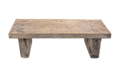 Wooden rustic bench isolated.Old wooden bench isolated on white background.Short wooden bench isolated