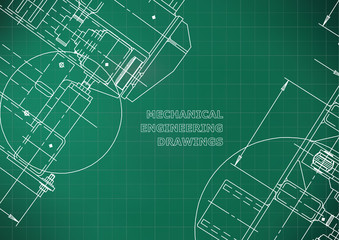 Blueprints. Mechanics. Cover. Mechanical Engineering drawing. Engineering design, construction. Light green. Grid